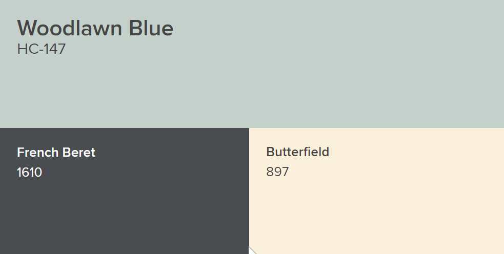Benjamin Moore Woodlawn Blue, French Beret and Butterfield