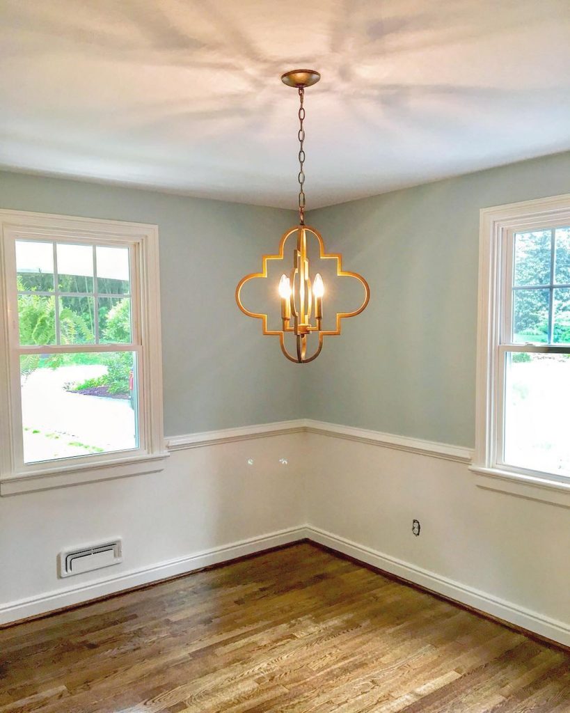 Sherwin Williams Sea Salt with white wainscoting living room paint color scheme