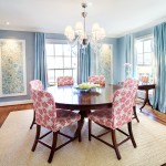 formal dining room in blue and red
