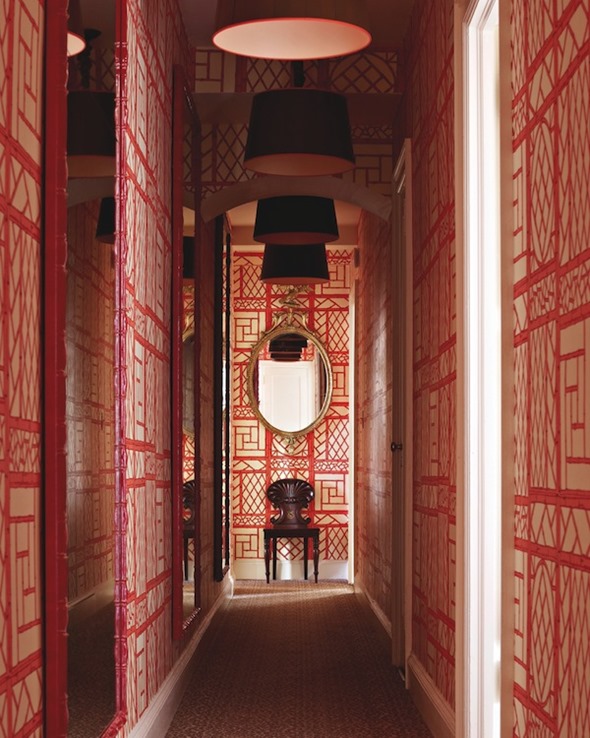 Hallway in Red Quadrille Wallpaper