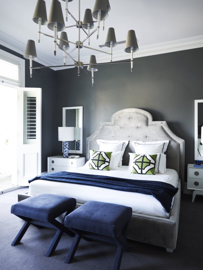 bedroom in grey blue and lime green