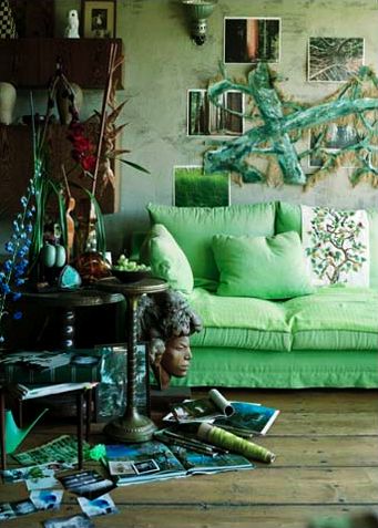 green bohemian living room