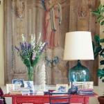 Tapestry, red Desk and Glass Lamp