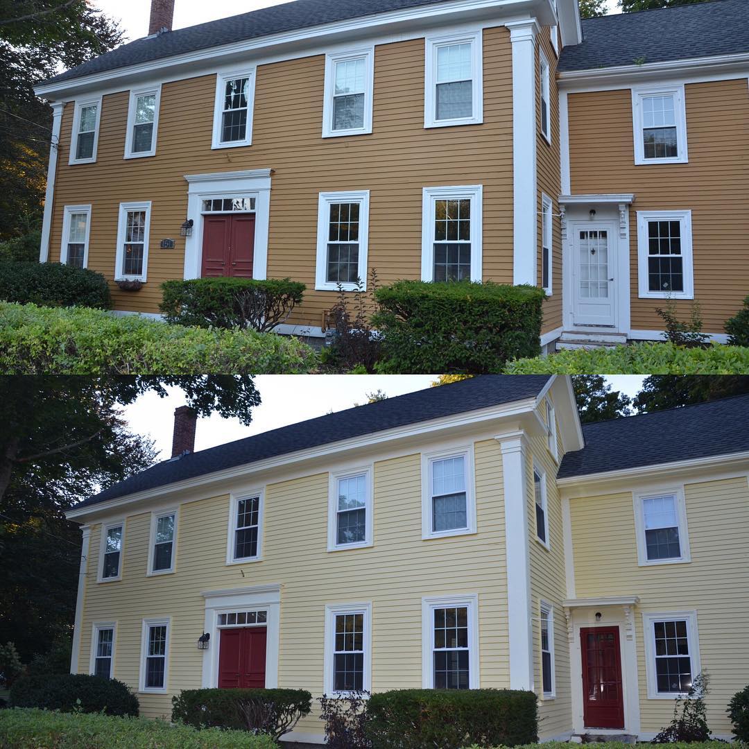 Before and after of a house exterior painted in Hawthorne Yellow