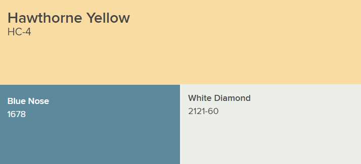 Benjamin Moore Hawthorne Yellow goes with Blue Nose and White Diamond