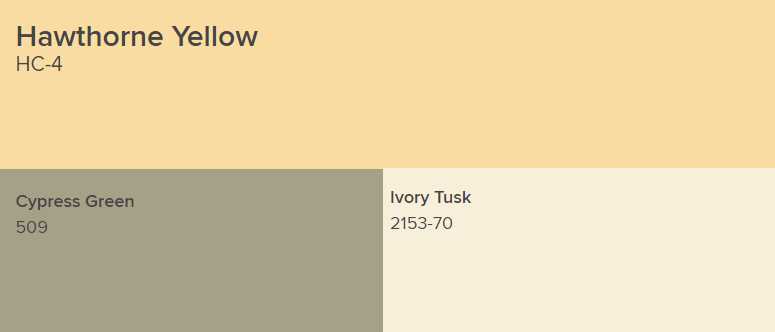 Benjamin Moore Hawthorne Yellow goes with Cypress Green and Ivory Tusk