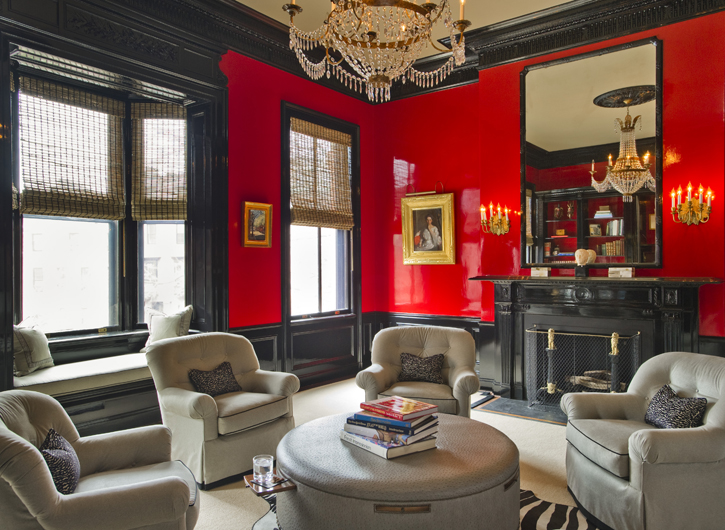 Black Fireplace Red Lacquered Walls - Interiors By Color