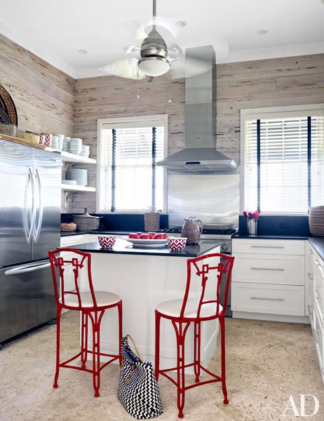 Red blue and white kitchen
