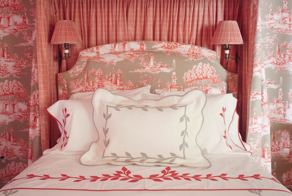 salmon red toile bedroom