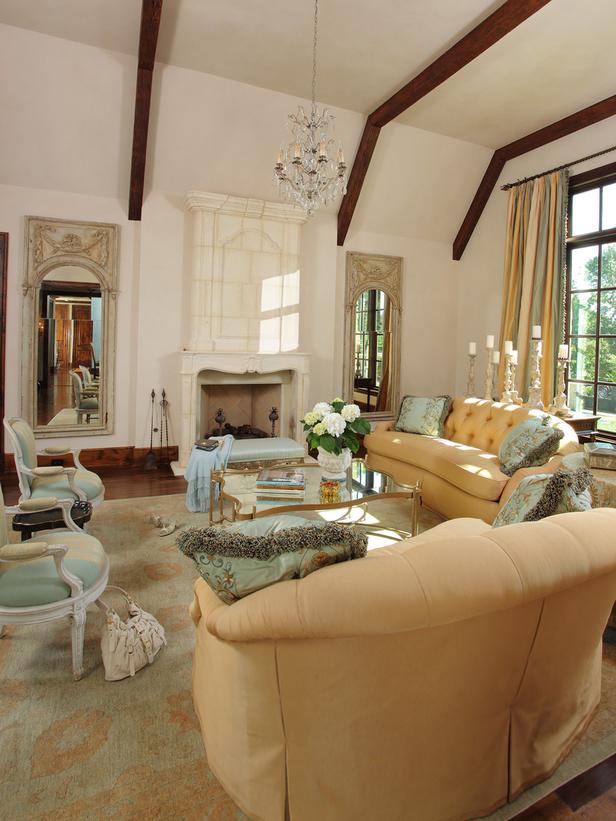 French Inspired Living Room with Limestone Fireplace