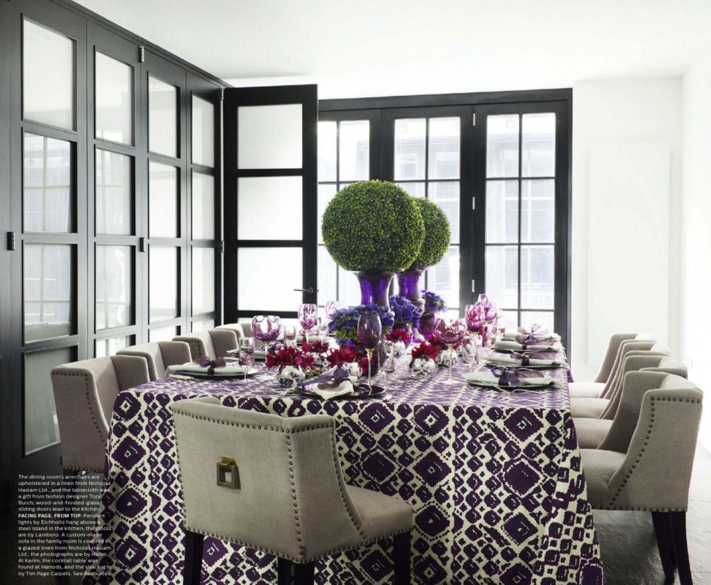 Linen Chairs and Purple Print Tablecloth