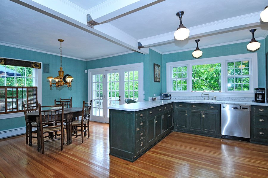 light oak teal kitchen