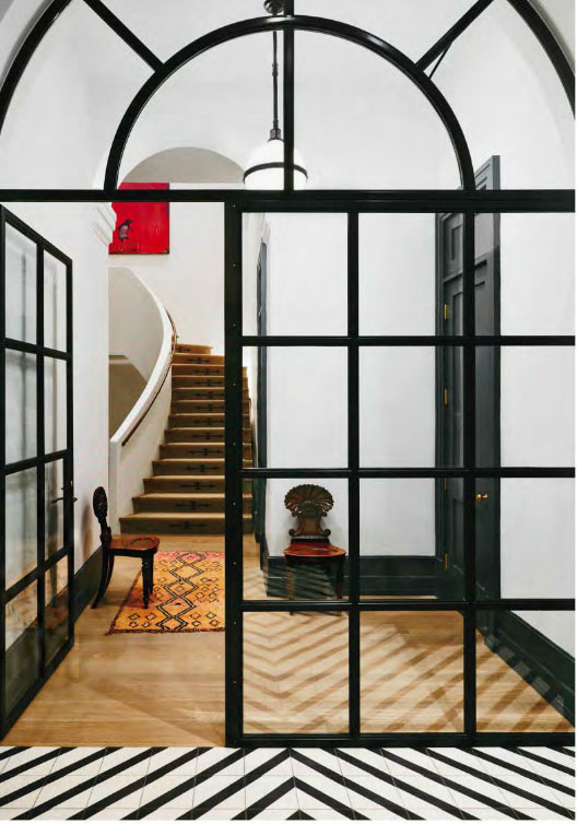 Black and white entrance with red accents