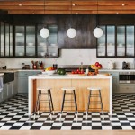 Contemporary Kitchen with Checked Black and White Floor Tiles