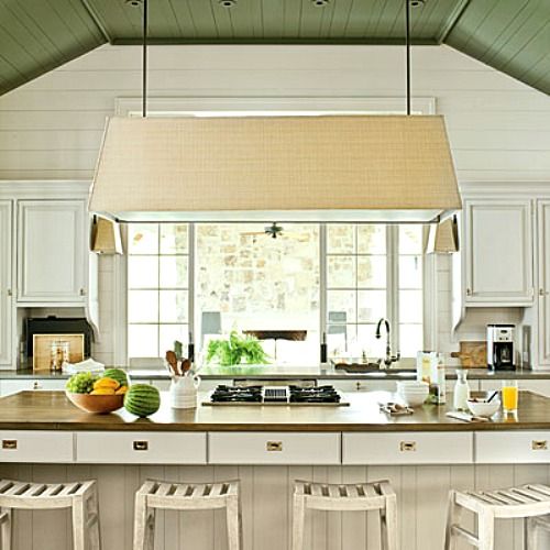 Kitchen ceiling painted in Benjamin Moore’s Galapagos Green.