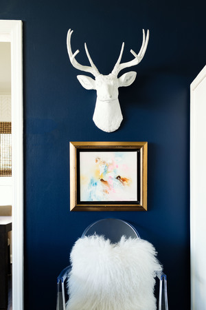 moody blue and white living room decor