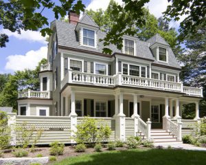 Body/Siding Benjamin Moore, HC-113 "Louisburg Green" Trim Benjamin Moore, AC-41, "Acadia White" Window sash & shutters, Benjamin Moore Ext. RM, "Black Forest Green"