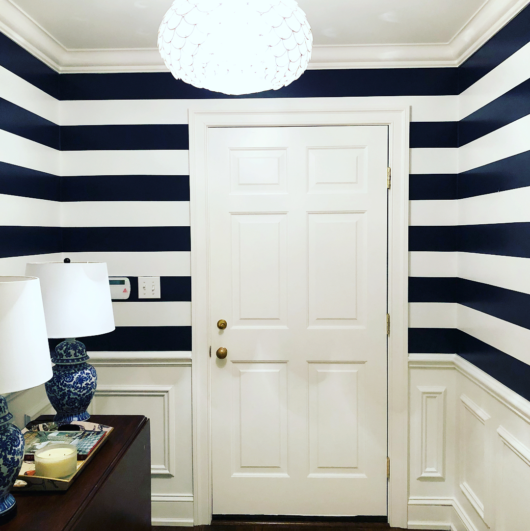 Benjamin Moore Old Navy Striped Walls Foyer - Navy blue paint color scheme