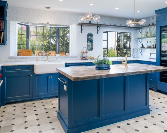 Blue Kitchen Painted in Farrow & Ball Stiffkey Blue. Blue paint color scheme for the kitchen.