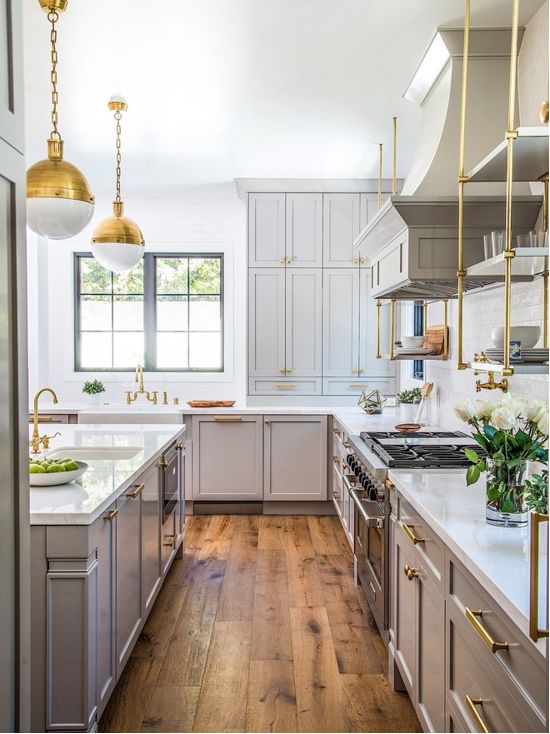 Benjamin Moore Gray Huskie Kitchen Cabinets and Brass Fixtures. Light gray and brass paint color scheme kitchen