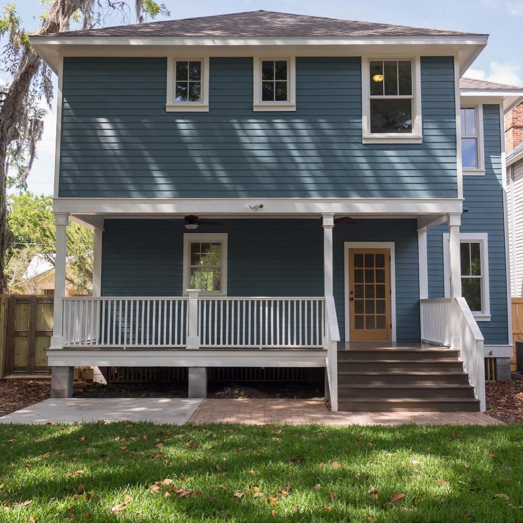 Benjamin Moore Bella Blue Painted House Exterior Back