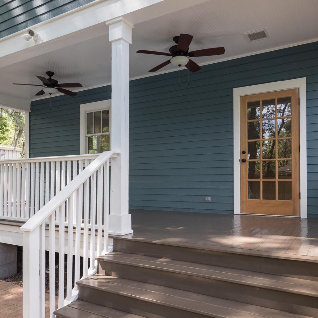 Benjamin Moore Bella Blue Painted House Exterior Back Porch