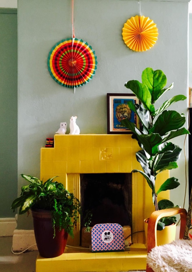 Farrow & Ball Babouche Painted Fireplace. Yellow and Green paint color scheme interior.