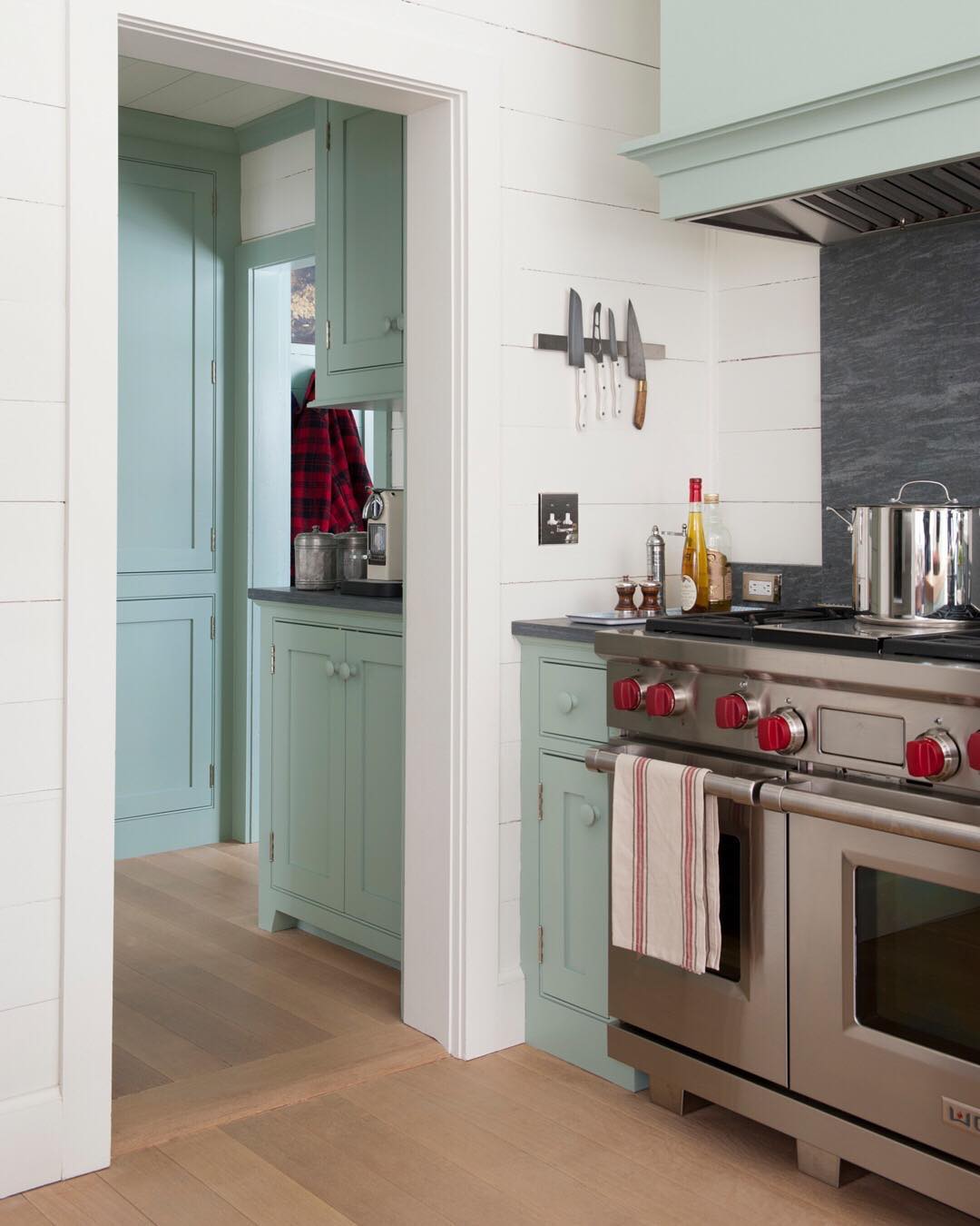 Farrow & Ball Blue Green Painted Kitchen Cabinets