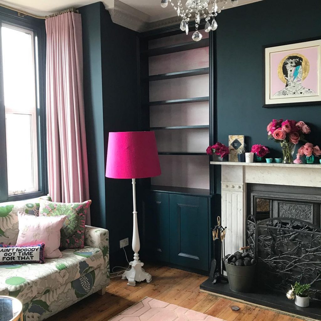 Farrow & Ball Hague Blue and Pink Paint Color Scheme Living Room