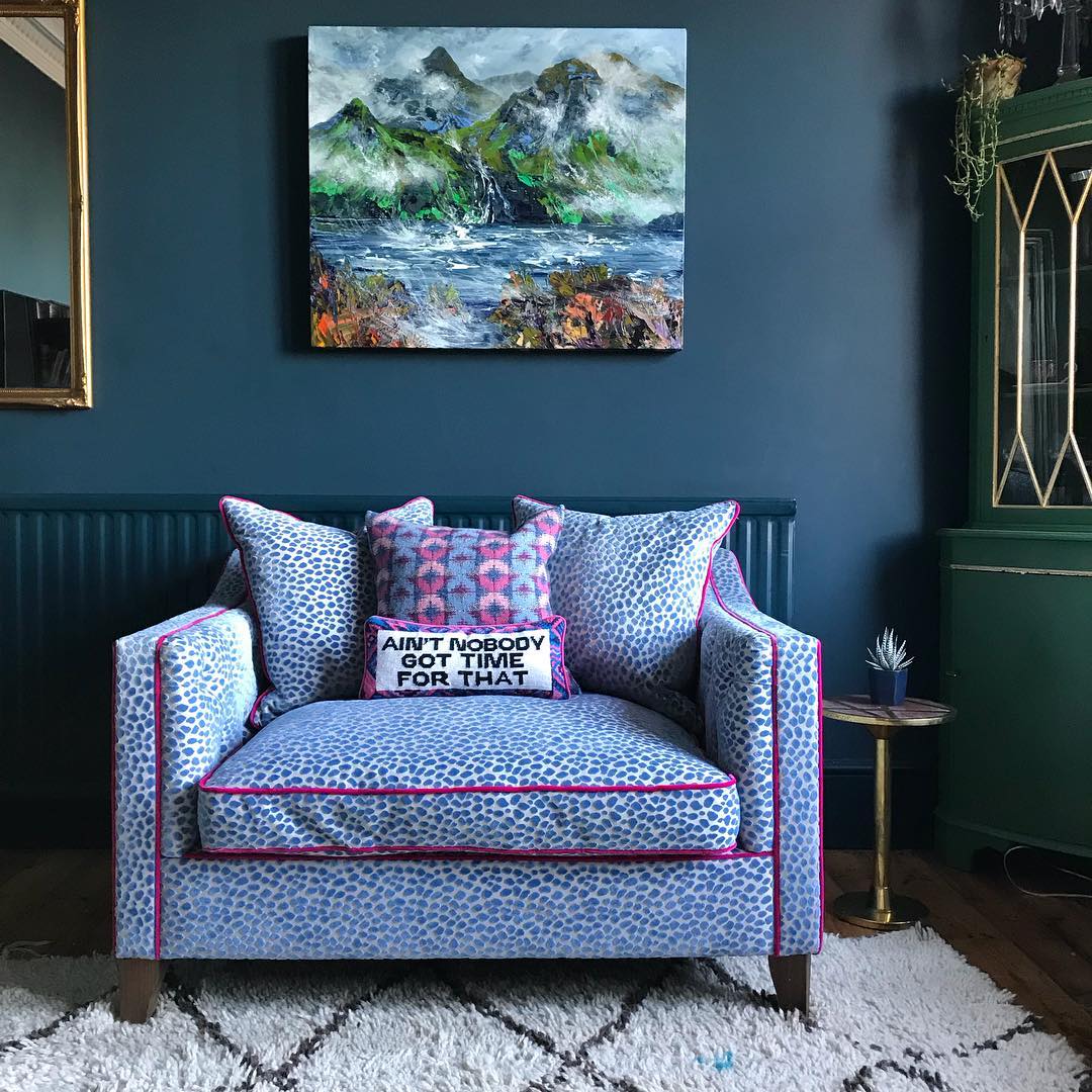 Farrow & Ball Hague Blue and Pink Paint Color Scheme Living Room 4