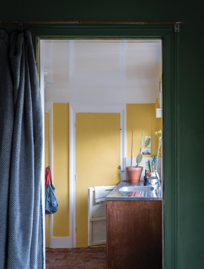 Fore wall in Calke Green Estate Emulsion, back wall in Babouche Modern Emulsion and door frames in Wimborne White Modern Emulsion.