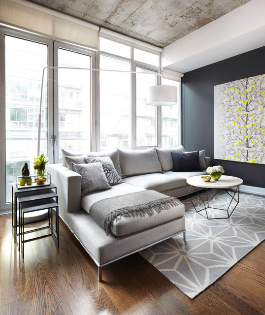 Gray and white living room color scheme. Darker gray walls, concrete ceiling, light gray L-shaped sofa.