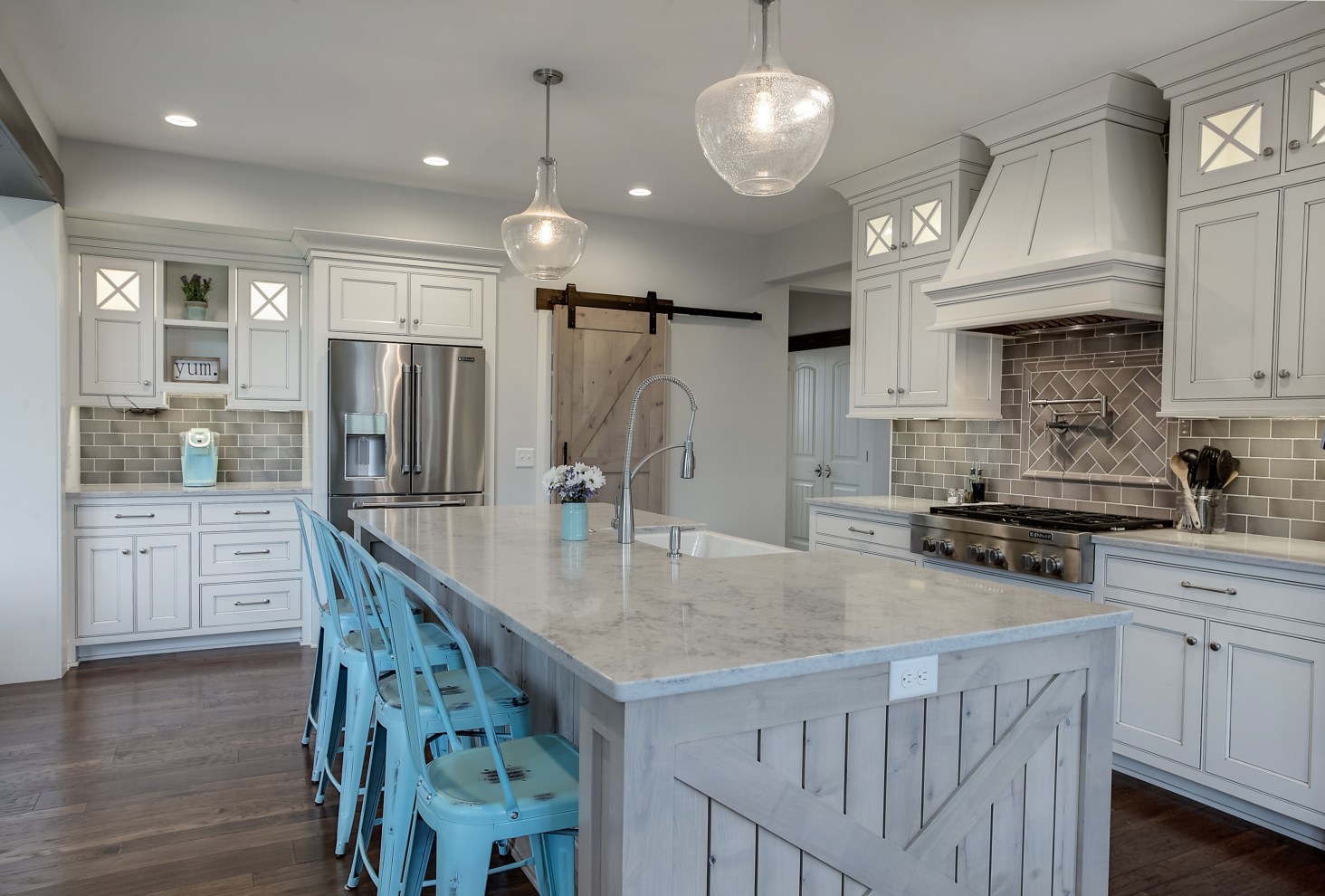 Modern Country Farmhouse Kitchen in Gray, White and Turquoise