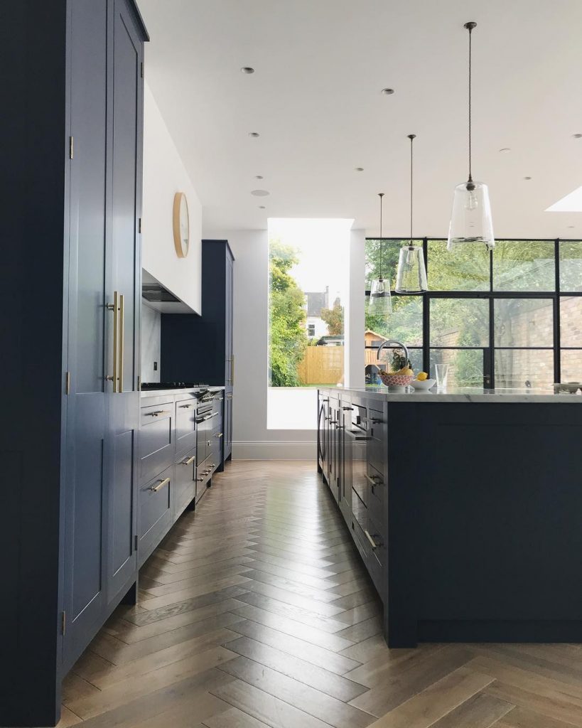 Navy, Marble and Brass Kitchen Decor with herringbone floor