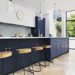Navy, Marble and Brass Kitchen Decor with herringbone floor