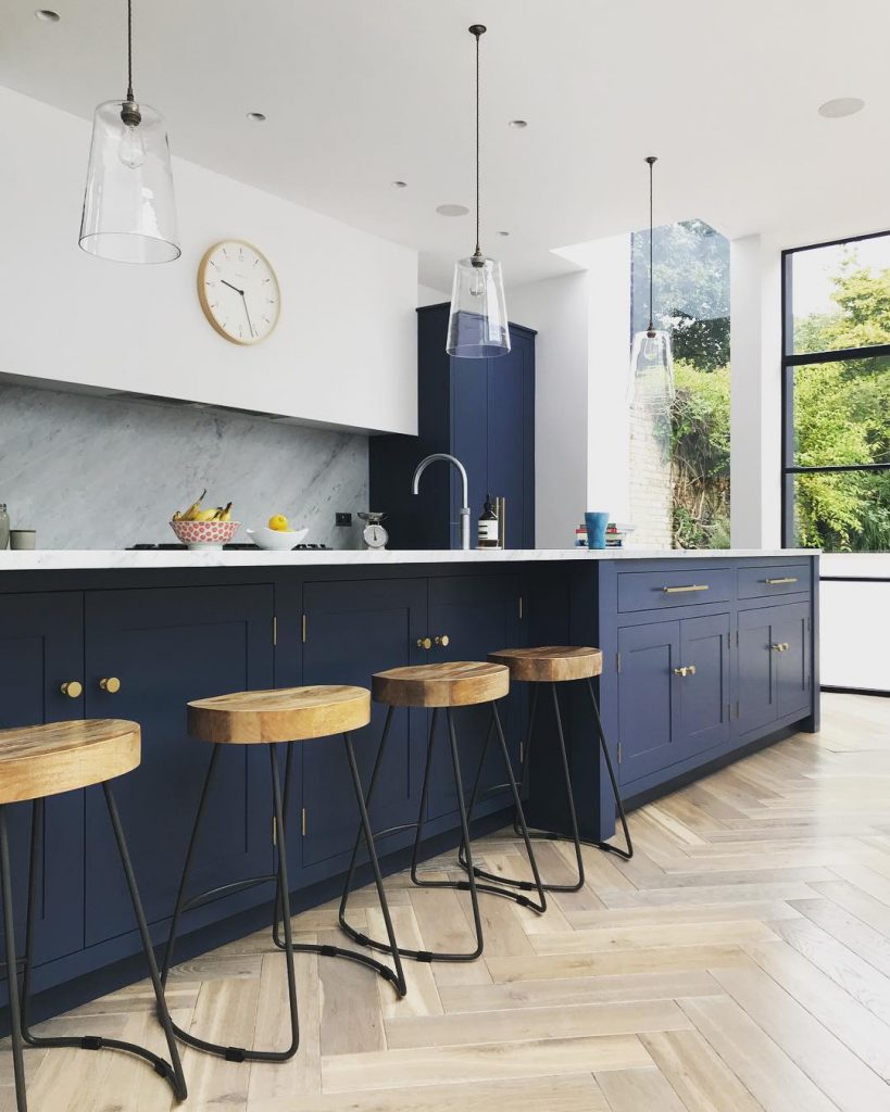 Navy, Marble and Brass Kitchen Decor with herringbone floor