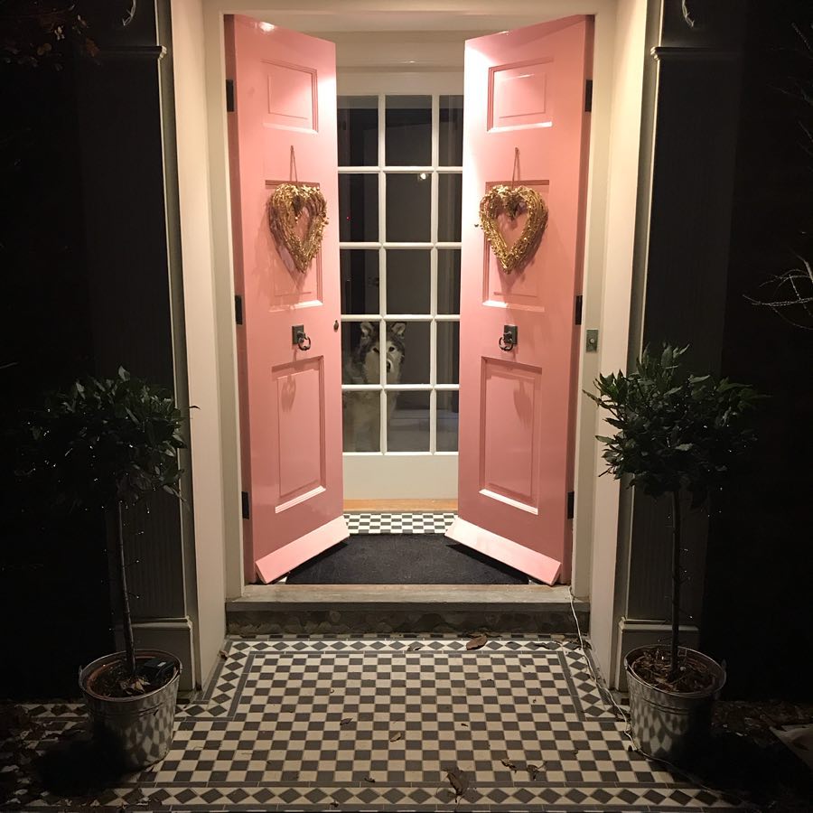pink front door painted in Nancy's Blushes by Farrow & Ball