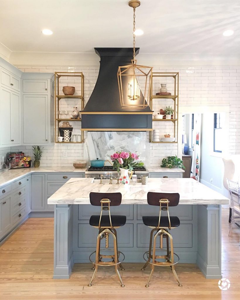 Powder blue and white marble kitchen. Light blue and white paint color scheme kitchen. Powder blue paint palette.