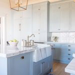 Powder blue and white marble kitchen. Light blue and white paint color scheme kitchen. Powder blue paint palette.