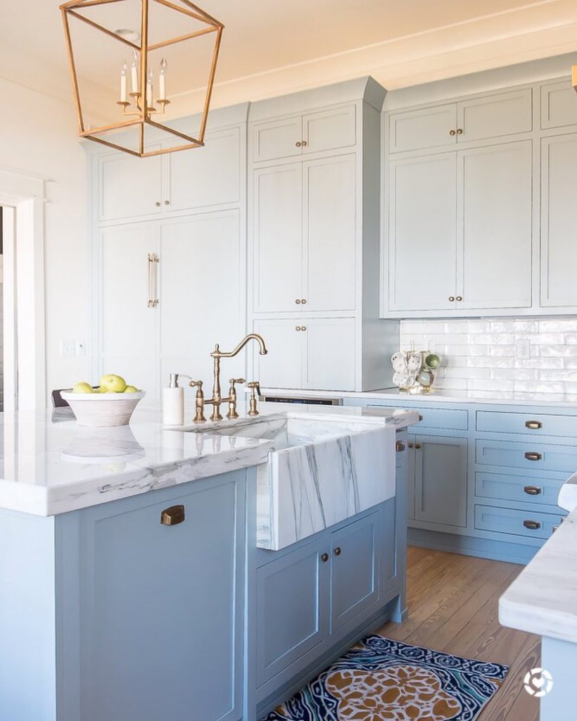 Powder blue and white marble kitchen. Light blue and white paint color scheme kitchen. Powder blue paint palette.