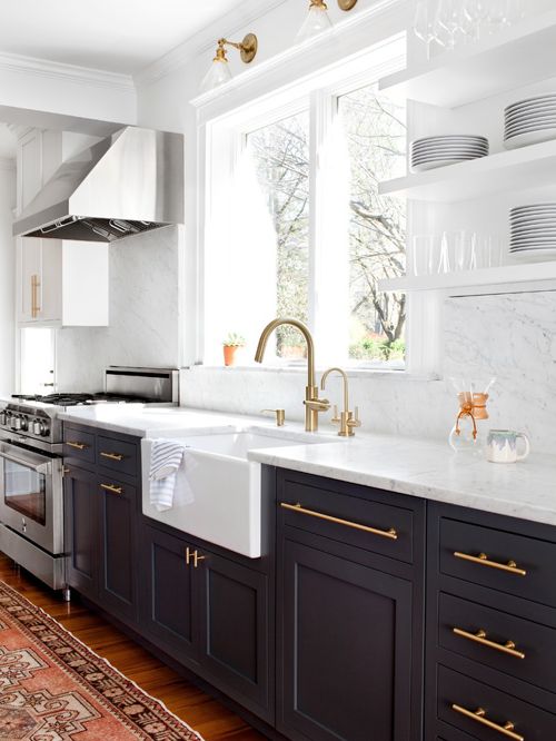 Benjamin Moore Decorator’s White and  Farrow & Ball Down Pipe Kitchen. Black and white kitchen paint color scheme.