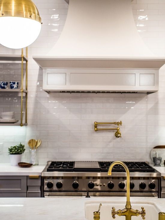 Benjamin Moore Gray Huskie Kitchen Cabinets and Brass Fixtures. Light gray and brass paint color scheme kitchen