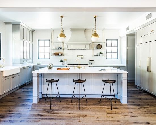 Benjamin Moore Gray Huskie Kitchen Cabinets and Brass Fixtures. Light gray and brass paint color scheme kitchen