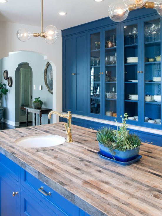 Blue Kitchen Painted in Farrow & Ball Stiffkey Blue. Blue paint color scheme for the kitchen.