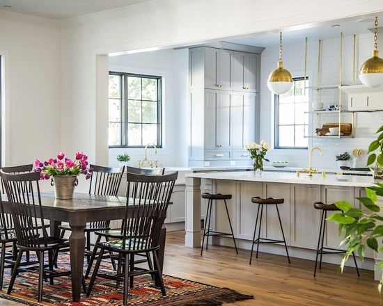 Benjamin Moore Gray Huskie Kitchen Cabinets and Brass Fixtures. Light gray and brass paint color scheme kitchen