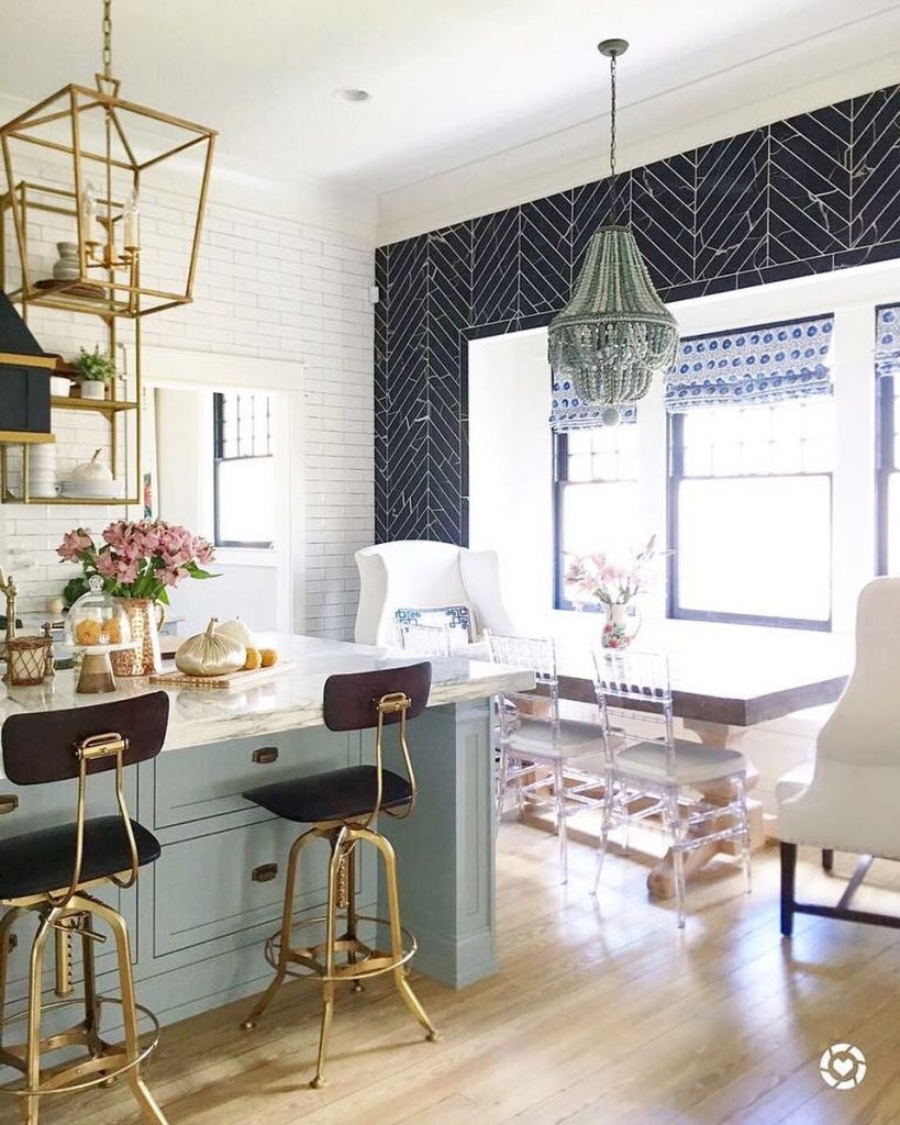 modern vintage kitchen in powder blue, white and black