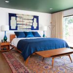 Benjamin Moore Chimichurri Painted Ceiling Bedroom. Blue and green bedroom color scheme.