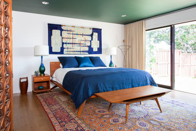 Benjamin Moore Chimichurri Painted Ceiling Bedroom. Blue and green bedroom color scheme.