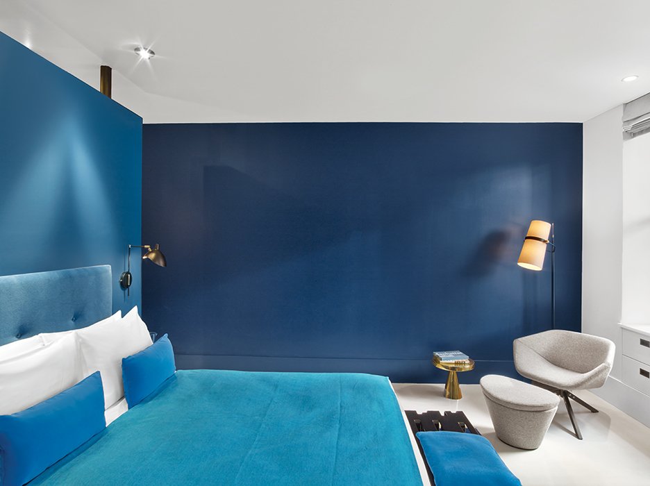 Benjamin Moore Old Navy blue walls in the bedroom. Blue bedroom color scheme.