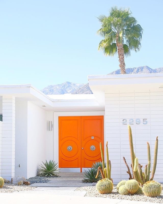 Dunn Edwards Exuberant Orange Painted Front Door in Palm Springs